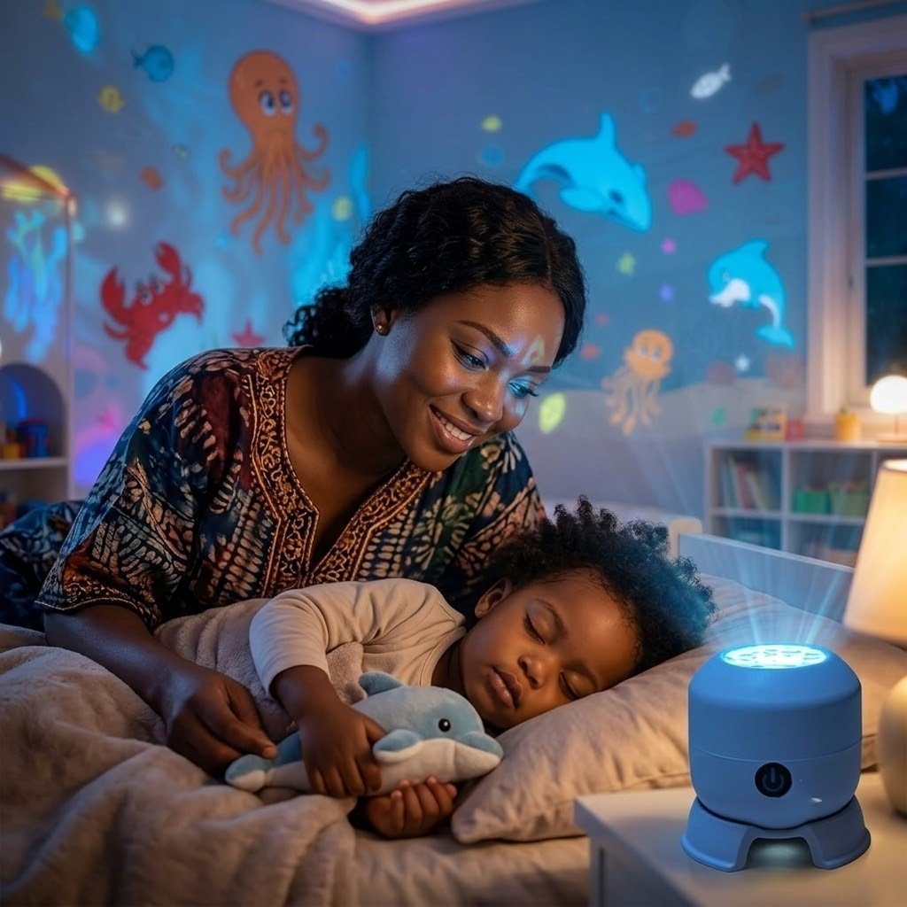 Ocean Projector glowing in dark room
